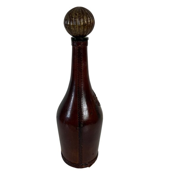 Decorative Leather Wrapped Bottle Decanter Brown Ornate Crest Vintage Home Decor - Picture 3 of 16